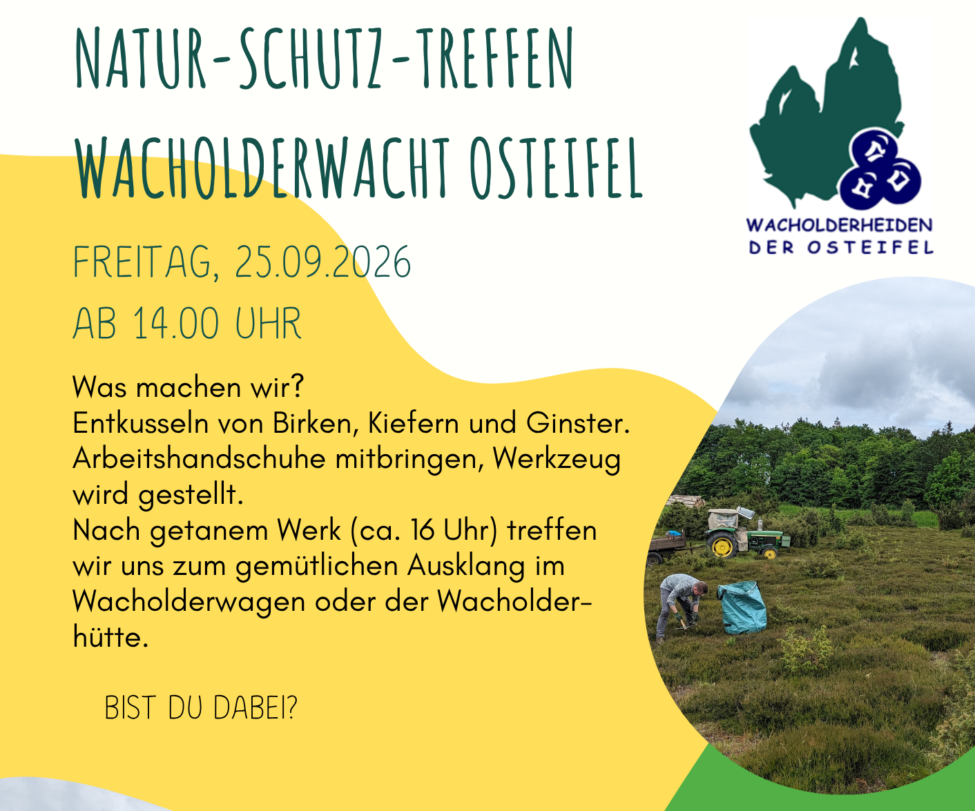 Plakat mit Verminhinweis für das nächste Treffen der Wacholderwacht Osteifel am 25.09.2026